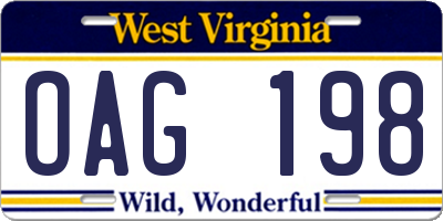 WV license plate OAG198