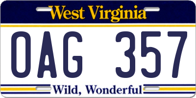WV license plate OAG357