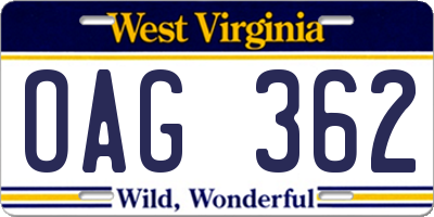 WV license plate OAG362