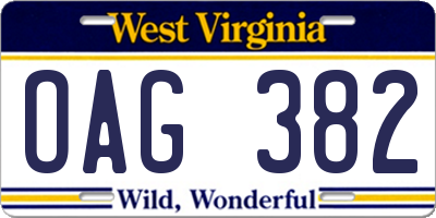 WV license plate OAG382