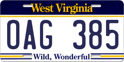 WV license plate OAG385