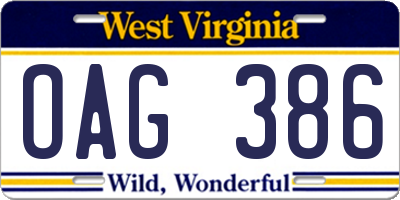 WV license plate OAG386