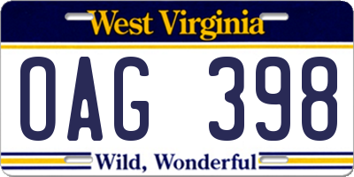 WV license plate OAG398