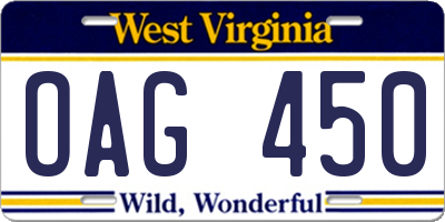 WV license plate OAG450