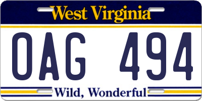 WV license plate OAG494