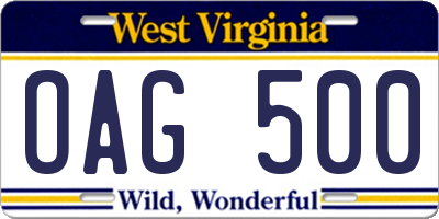 WV license plate OAG500