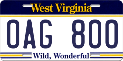 WV license plate OAG800