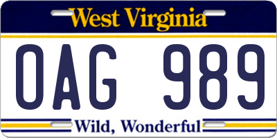 WV license plate OAG989