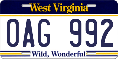 WV license plate OAG992