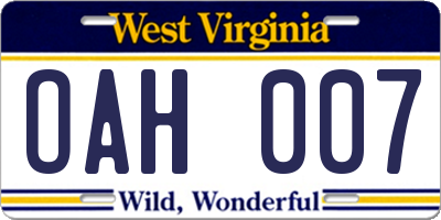 WV license plate OAH007