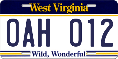 WV license plate OAH012