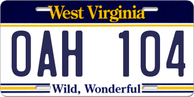 WV license plate OAH104