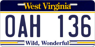 WV license plate OAH136