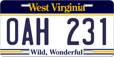 WV license plate OAH231