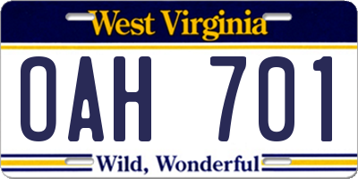 WV license plate OAH701