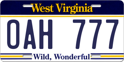 WV license plate OAH777