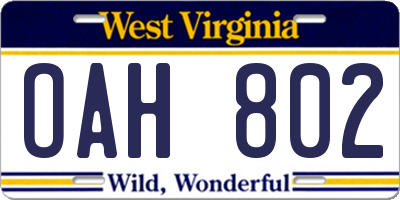WV license plate OAH802
