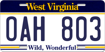 WV license plate OAH803