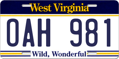 WV license plate OAH981