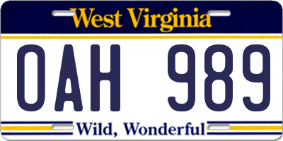 WV license plate OAH989
