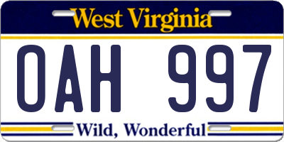 WV license plate OAH997