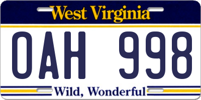 WV license plate OAH998