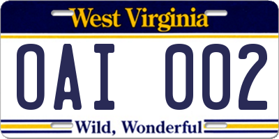 WV license plate OAI002