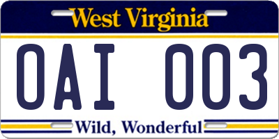 WV license plate OAI003