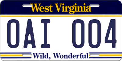WV license plate OAI004