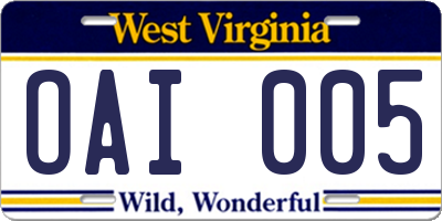 WV license plate OAI005