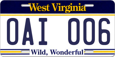 WV license plate OAI006