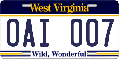 WV license plate OAI007
