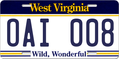 WV license plate OAI008