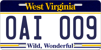 WV license plate OAI009