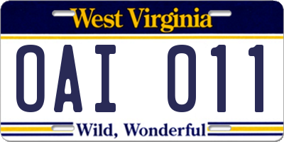 WV license plate OAI011