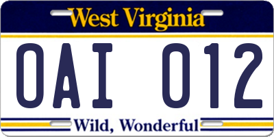 WV license plate OAI012