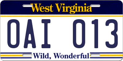 WV license plate OAI013