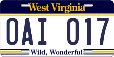 WV license plate OAI017
