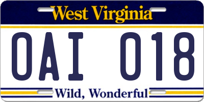 WV license plate OAI018