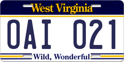WV license plate OAI021