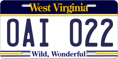 WV license plate OAI022