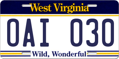 WV license plate OAI030