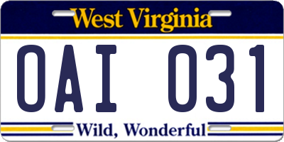 WV license plate OAI031