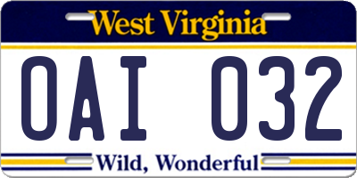 WV license plate OAI032