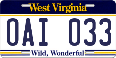 WV license plate OAI033