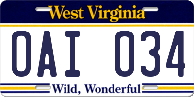 WV license plate OAI034