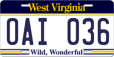 WV license plate OAI036