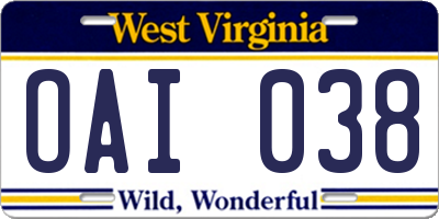 WV license plate OAI038