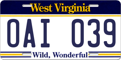 WV license plate OAI039