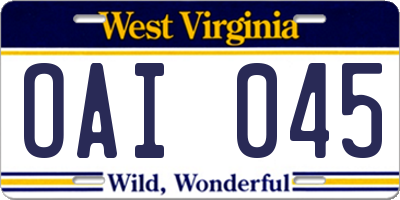 WV license plate OAI045